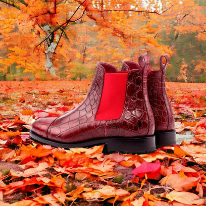 Roter Chelsea-Stiefel aus exotischem Alligatorleder